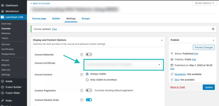 LearnDash Course Certificate Settings